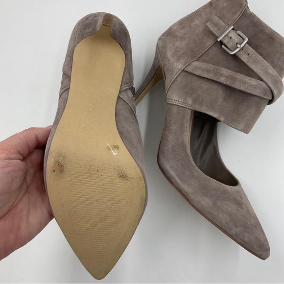 BCBGeneration Suede Zip Ankle Bootie Heels Cut Out Buckle Strap Taupe Warm Grey - Picture 13 of 16